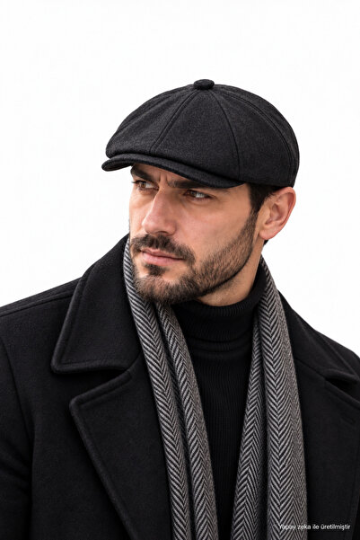 ZERAMİNE Erkek Kaşe Kasket Siyah 8 Parça Kışlık İngiliz Model Newsboy Şapka Kep
