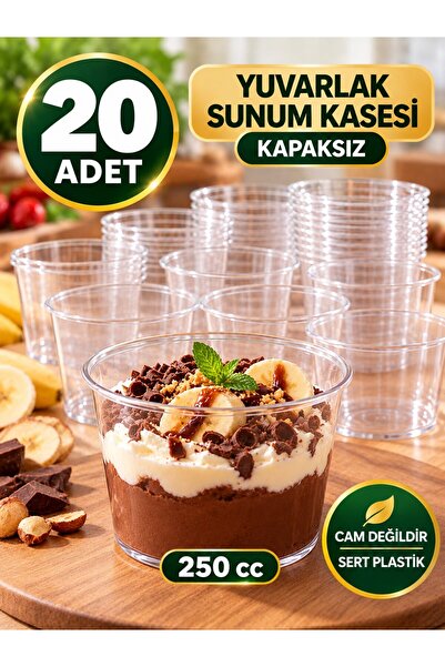 troykar 20 Adet 250 cc Yuvarlak Mika Kase Plastik Şeffaf Kapaksız Sunum Kabı ...