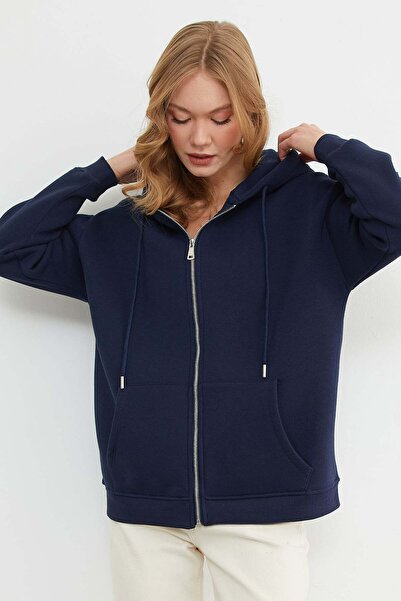 Fulla Moda Basic Fermuarlı Kapüşonlu Oversize Sweatshirt