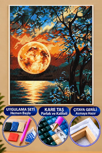 5D Elmas Boyama Seti – Dolunay ve Yakamoz | 40x50cm- Tuvale Gerili Diamond Painting Sayılarla Boyama