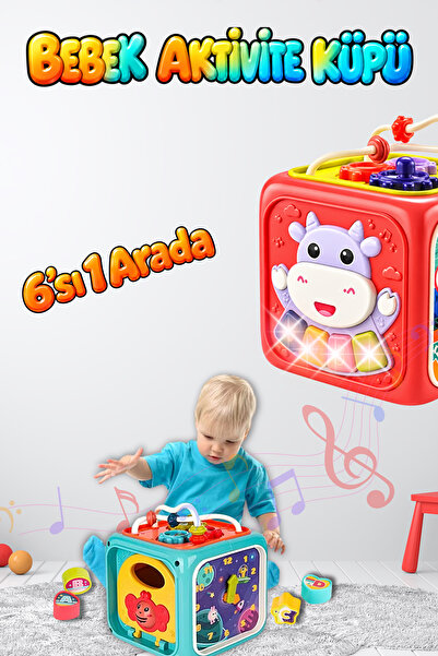Montessori Işıklı Sesli Duyusal Öğrenme Bebek Aktivite Küpü (Kırmızı&Mavi)