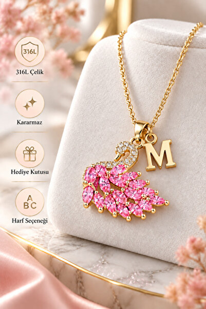 The Collection Kişiye özel Kararmaz Kadın Zirkon Pembe Taşlı Kuğu Harfli Çeli...