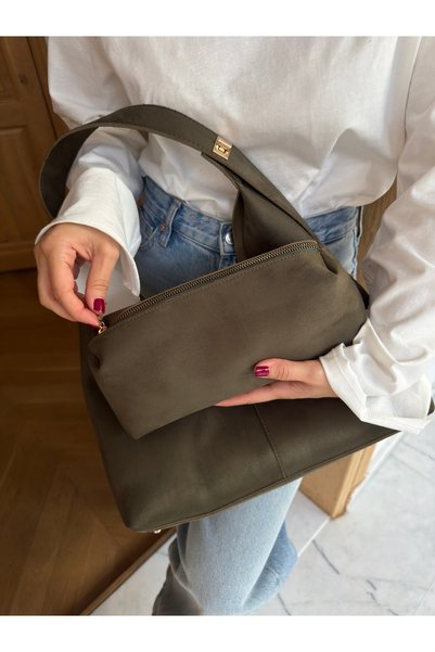 Tina İstanbul Adjustable Lock Strap Suede Tote Shoulder Bag with Puppy