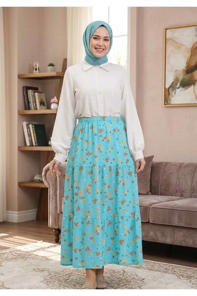 RESPİRO Floral Patterned Soft Flowing Layered Long Crepe Spring Summer Mint S...