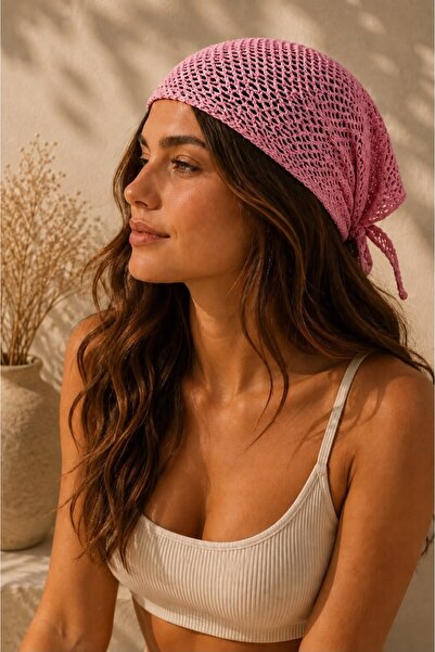Juuuj Pink Knitted Textured Triangular Cut Accessory Bandana with Tie Detail ...