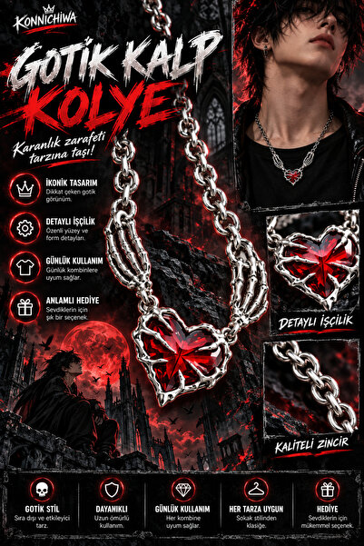 FG KONNİCHİWA 🖤 Gotik İskelet El Kırmızı Kalp Kolye Kırmızı Reaper Heart Ske...