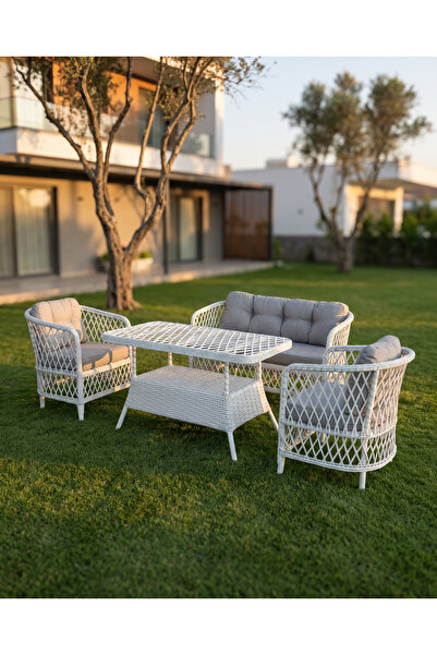 Tu Tienda TİRE ALÜMİNYUM 2 1 1 MASA RATTAN BAHÇE BALKON MOBİLYASI,BEYAZ RATTA...