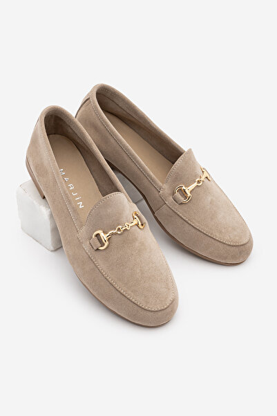 Marjin Women's Genuine Leather Chain Loafer Casual Shoes Tanle Beige Suede