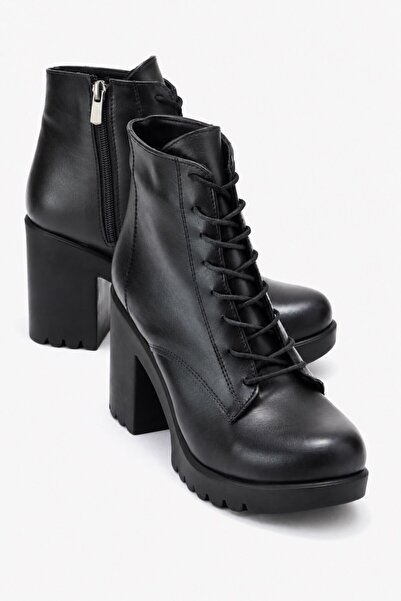 Ccway Lace-Up Women's Heeled Boots Black Skin