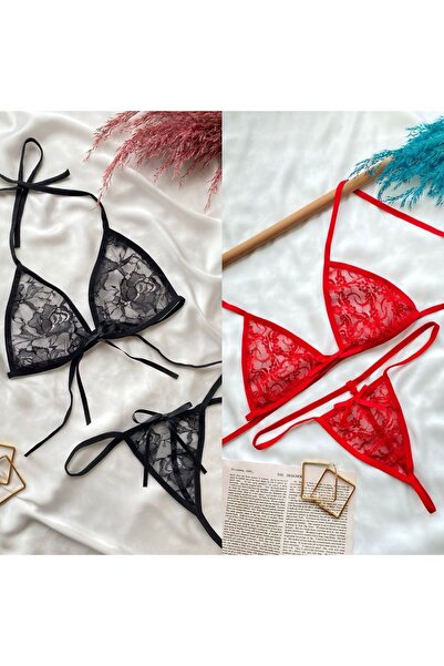 Maly Love Black and Red Lace Women's Bra and Panty Set - Pack of 2