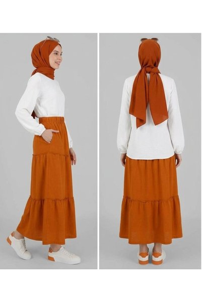 RESPİRO Plus Size, Mother's Size, Comfortable Cut, Elastic Waist Layered Tan Skirt