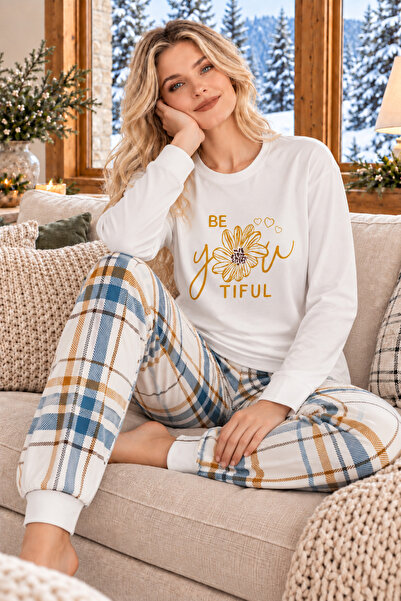 ELİTOL Ecru Beatiful Floral Print Luxury Thermal Women's Pajamas Set