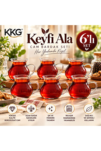 Halisdemir 6'lı Keyfi Ala Borosilikat Cam Kulplu Çay Bardağı 180ml Bardak