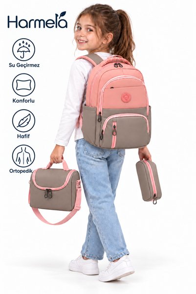 Harmela 8010 Powder Mink First School Bag Set of 3 Unisex Children's Primary ...