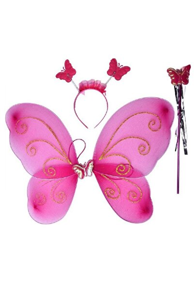 partidolu Kelebek Gösteri Kanat 50 cm Kanat Asa Taç 3 lü Set Fuşya Pembe Renk
