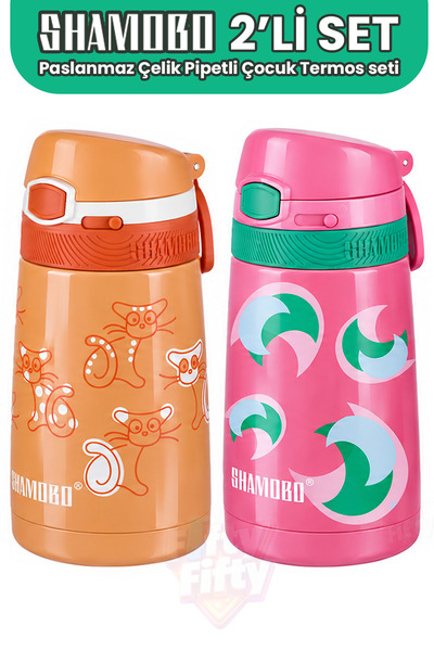 Shamobo Set of 2 Steel Thermos with Straw 350ml -6 Hours Heat Insulation-