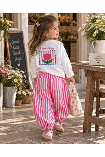 Kidmark Çocuk Modası طقم علوي وسفلي مخطط مطبوع عليه زهرة التوليب للفتيات