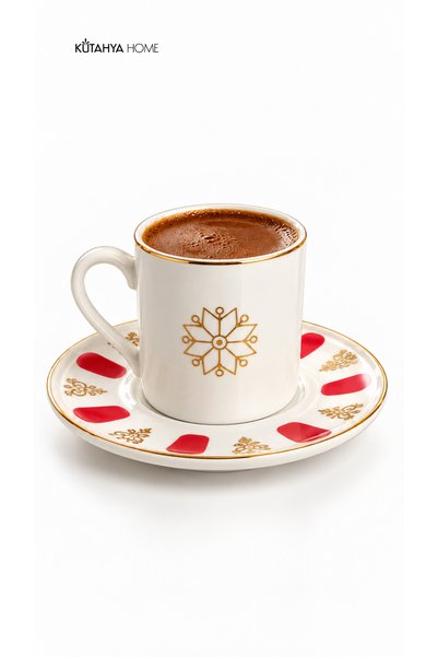 KÜTAHYA HOME Porcelain Acem Zade Red-Blue Coffee Cup Tea Saucer 12.5cm 12 Pcs