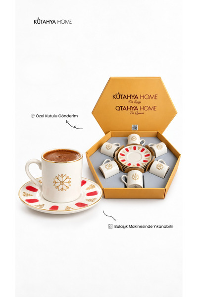 KÜTAHYA HOME Porcelain Acem Zade Red-Blue Coffee Cup Tea Saucer 12.5cm 12 Pcs