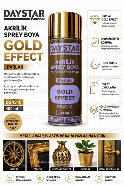 ellante Gold Effect Parlak Altın Akrilik Sprey Boya 400 ml – Metal, Ahşap, Pl...