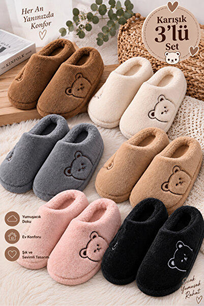 FootFrenzy 3’lü Set Kadın Peluş Ev Terliği Karışık – Ayıcık Desenli Yumuşak T...