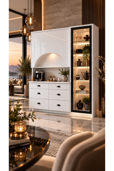 Dodef Wood Lüks High Gloss Kahve Köşesi Mutfak Dolabı %100 MDF Ledli 6 Çekmec...