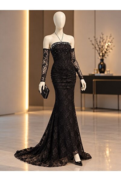 Modafeminen Black Lace and Pearls Evening Dress 583401