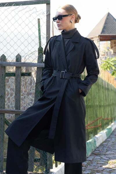 Fulla Moda Long Trench Coat with Belted Sleeves and Shoulder Detail