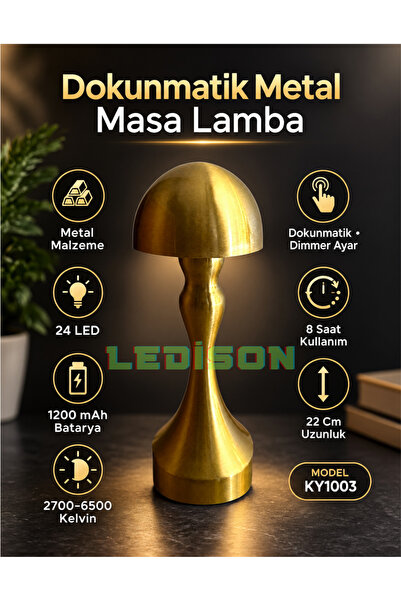 ledison Dekoratif Metal Gold Mantar Kablosuz Masa Lambası