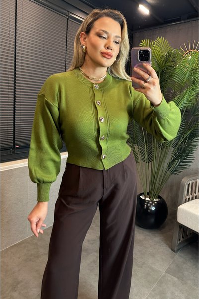 MİR STORE Green Balloon Sleeve Floral Button Detailed Short Cardigan