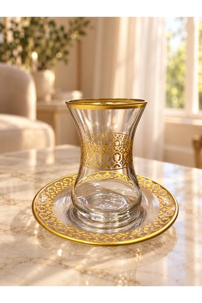DECOSTYLE Lale Dekorlu Gold İşlemeli 12 Parça Çay Seti