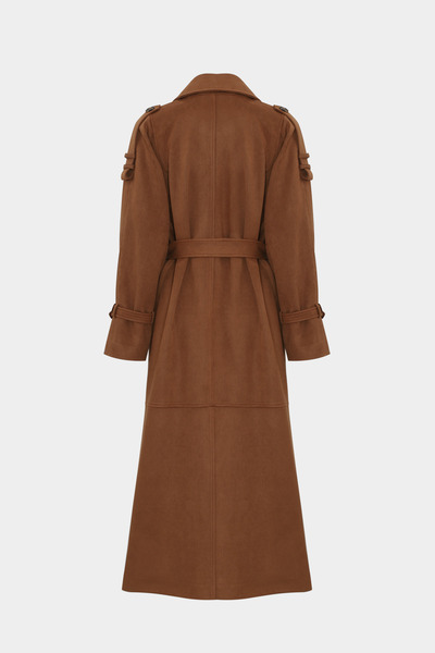 Açelya Okcu Premium Wide Cut Epaulette Detailed Maxi Suede Women's Trench Coat