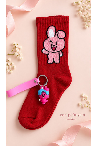 çorapdunyam Cooky Bts Emoji Colorful Design Socks and Keychain Set