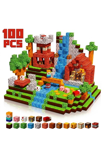 ToyznKidz 100 Parça Manyetik Küp Nehir Evi Temalı Yapı Taşı (2.0 cm)