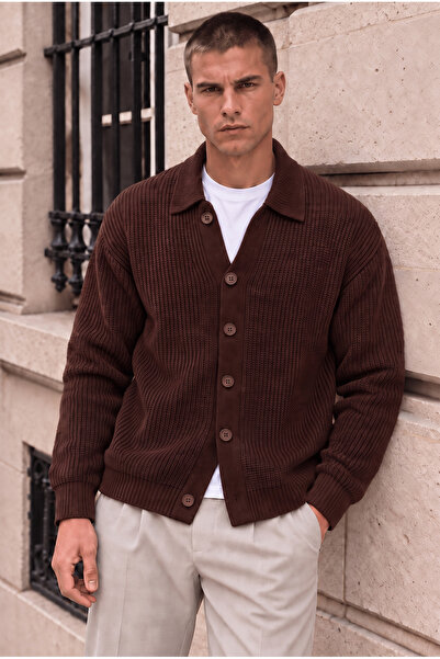 Valiberta Palermo Oversize Thessaloniki Knitted Buttoned Men's Knitwear Cardigan - Dark Brown