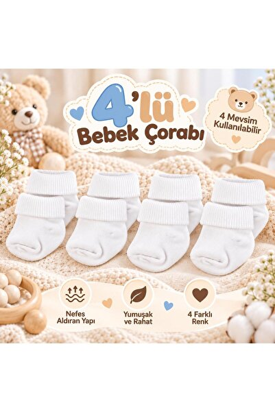 Novibaby 4'lü Bambu Bebek Çorap, Yenidoğan Bebek Çorabı, Kız Erkek Çocuk, Bey...