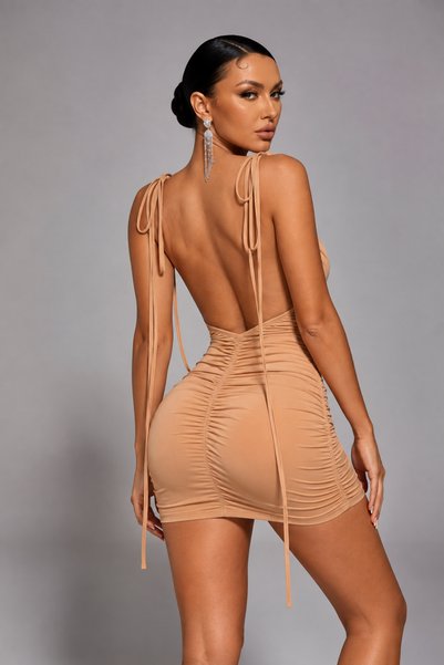 pink life Bej Omuzdan Bağlamalı Sırtı Açık Bodycon