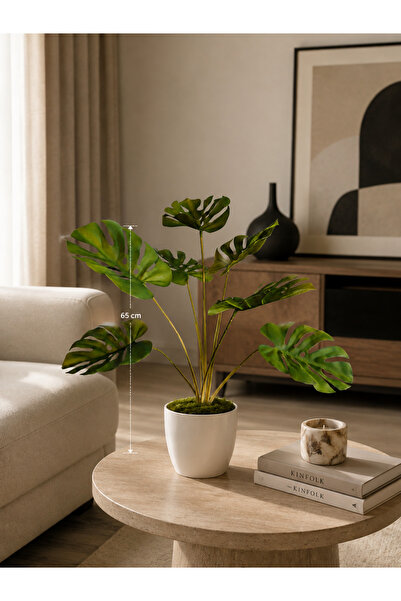 MAKİ DEKOR SAKSIDA YAPAY MONSTERA 60 CM ISLAK DOKULU DEKORATİF SALON OFİS BİT...