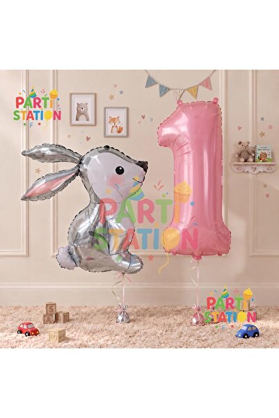 Parti Station Rabbit Pink 1 Year Old Balloon Set Rabbit Concept Birthday Set ...