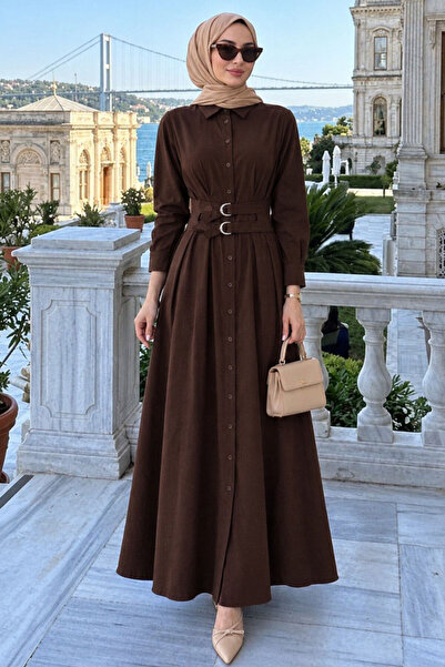 N.S NEVA STYLE Gömlek Yaka Kemerli Brode Koyu Kahverengi Tesettür Elbise 3095...