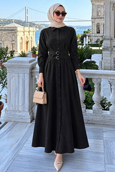 Neva Style Gömlek Yaka Kemerli Siyah Tesettür Elbise 30951S