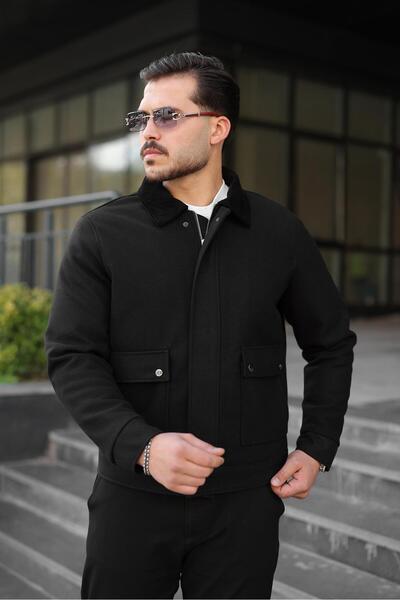Vesli Erkek Siyah Premium Kaşe Mont – Kontrast Kadife Yaka, Fermuarlı ve Çıtç...