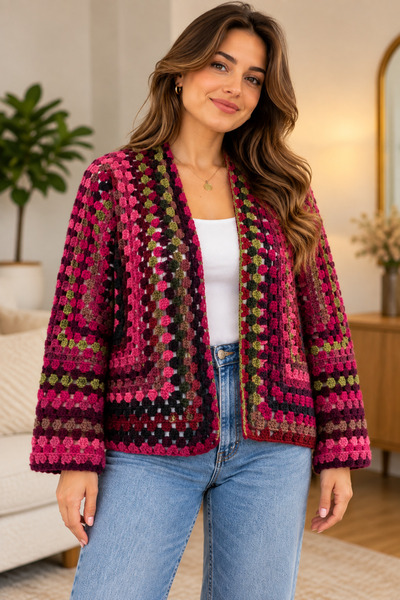 Handmade El Örgüsü Altıgen Motifli Bohem Hırka – Vintage Granny Square Kadın ...