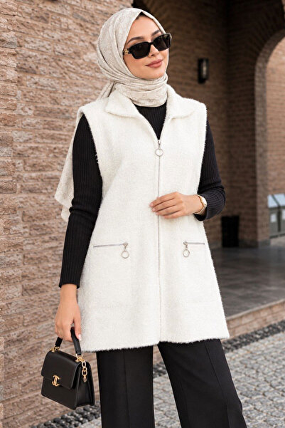 Neva Style Fermuarlı Cepli Krem Tesettür Triko Yelek 250735KR