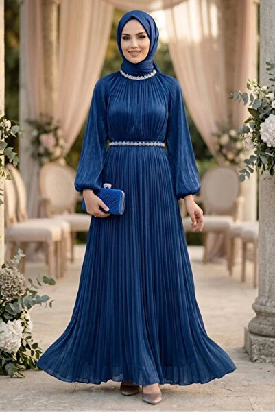 N.S NEVA STYLE Stone Collar Belt Detailed Navy Blue Hijab Evening Dress 5719L
