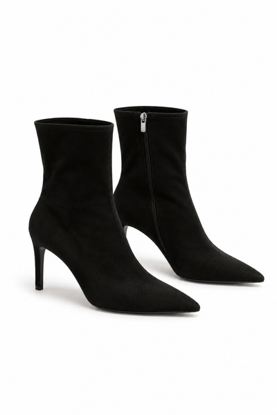 5in1Canpolat Black Suede Pointed Toe Heeled Boots 24374-1