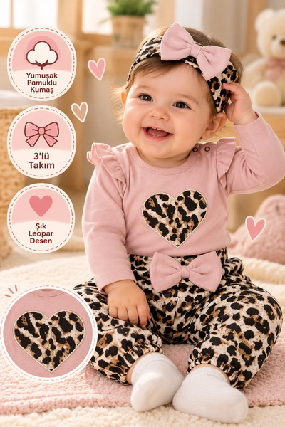 CNDR Leopard Pattern Heart Detailed Ruffled 3-Piece Baby Girl Set (with Banda...