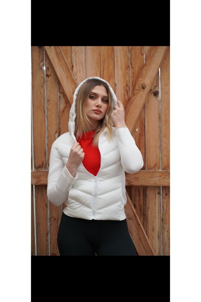 BZNspor Women's White Sleeved Rikral Zipper Hooded Coat