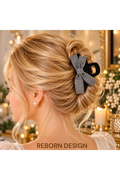 REBORN DESIGN Zirkon Taşlı İnci Sıralı Kadife Kaplama Siyah Renk Fiyonk Model...