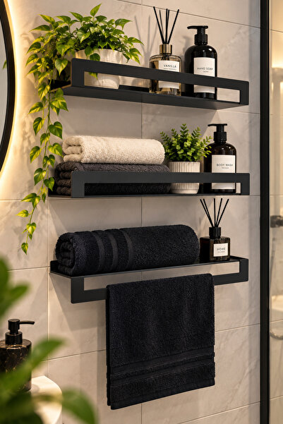 VENON 3.LÜ SET KONTES SİYAH || 2 U - 1 Z || 40 CM || METAL RAF Banyo Rafı Mut...